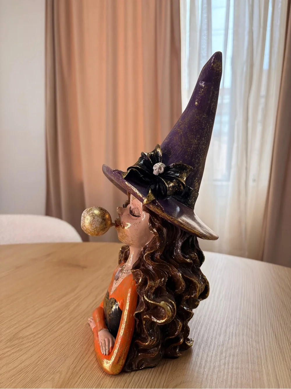 HALLOWEEN Whismical Witch Figurine with Orange Dress and Purple Multicolor hat